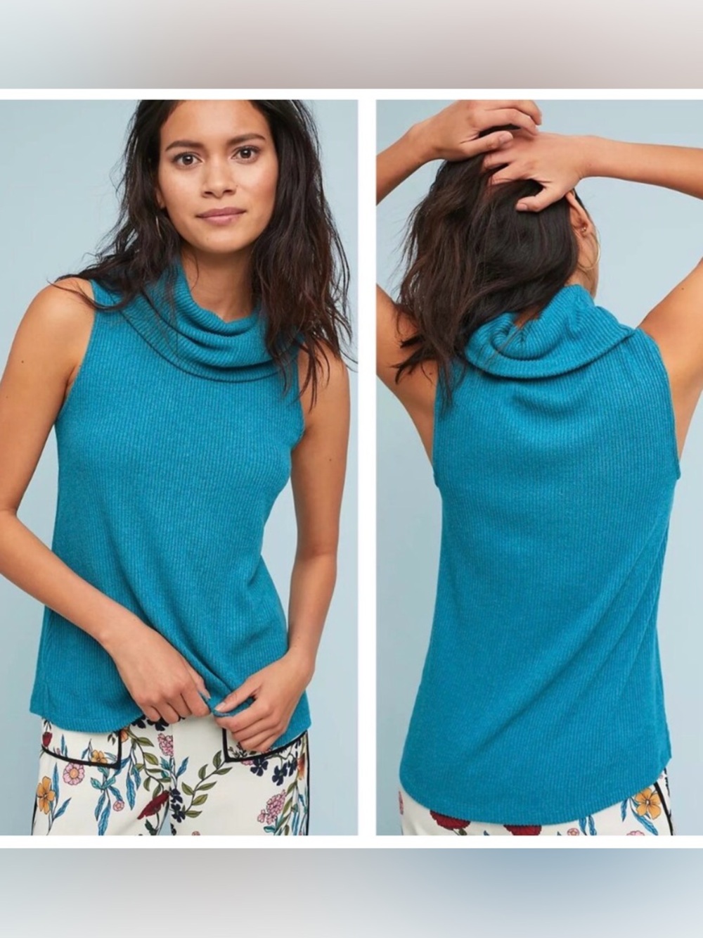 Anthropologie Vanessa Virginia Merian Teal Cowl Neck Knit Tank Medium NWT